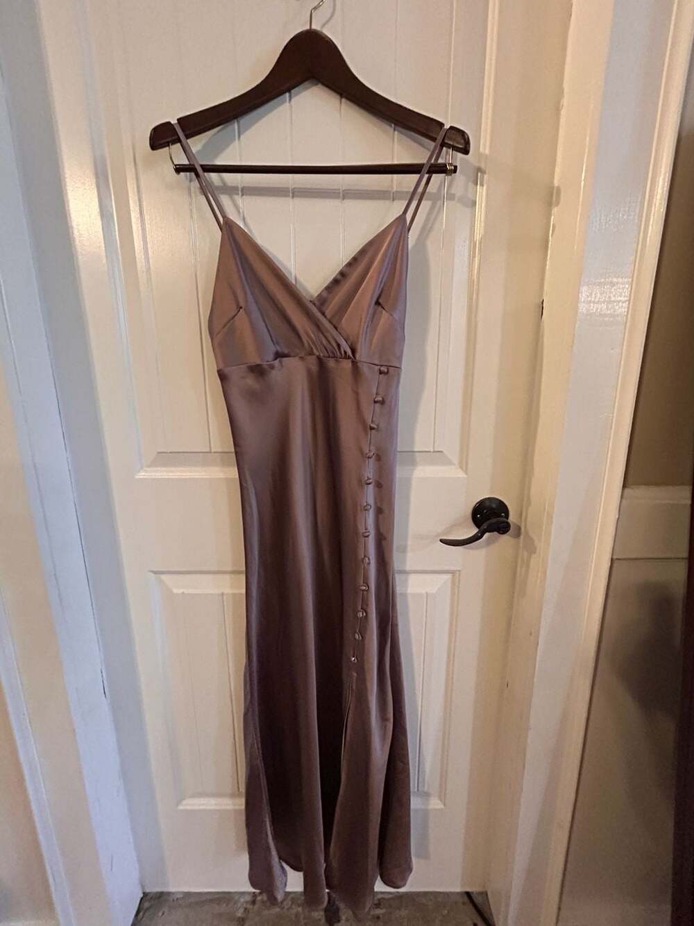 fab'rik Pewter Satin Surplice Side Button Maxi Dress